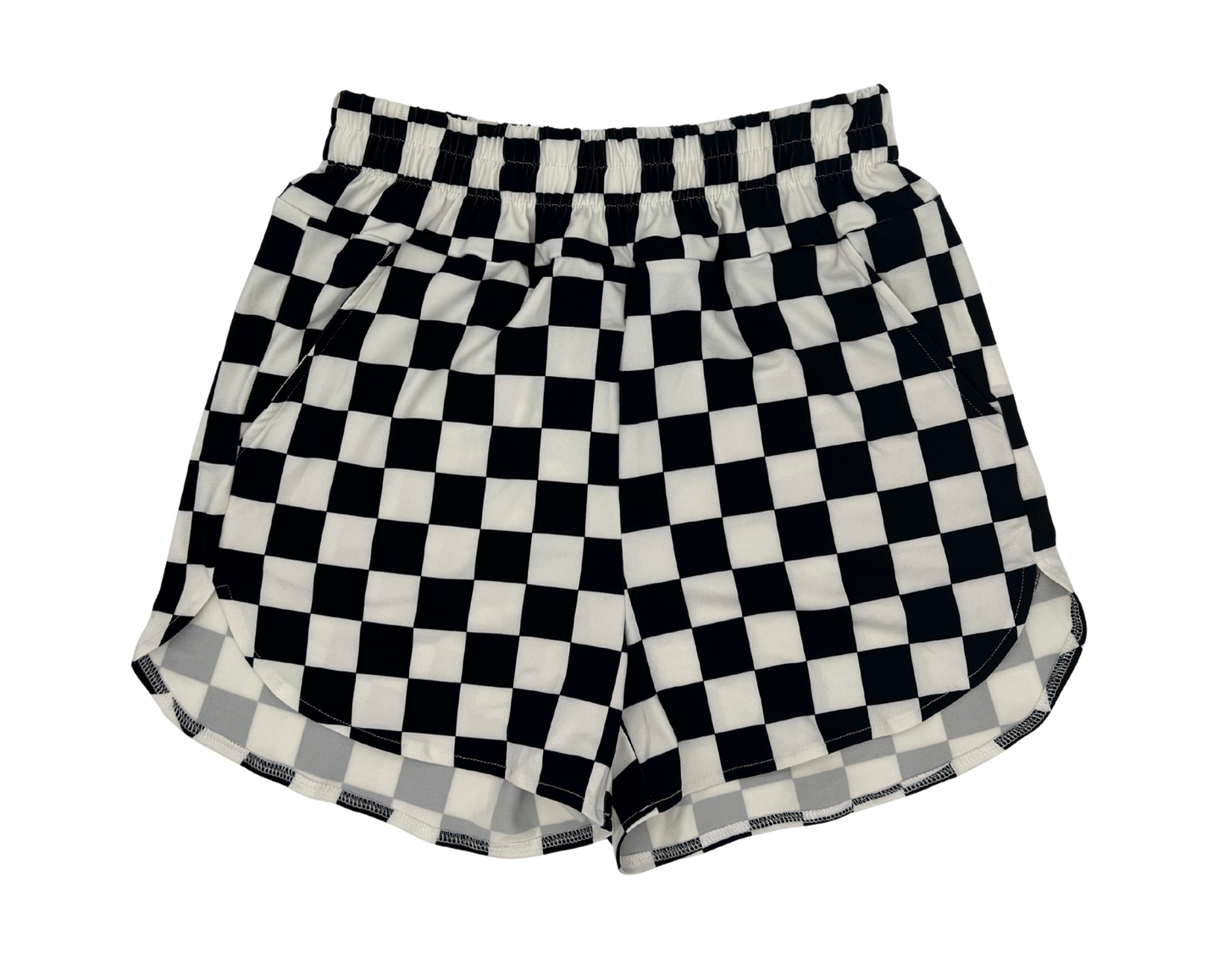 Black and white checkered shorts on a white background