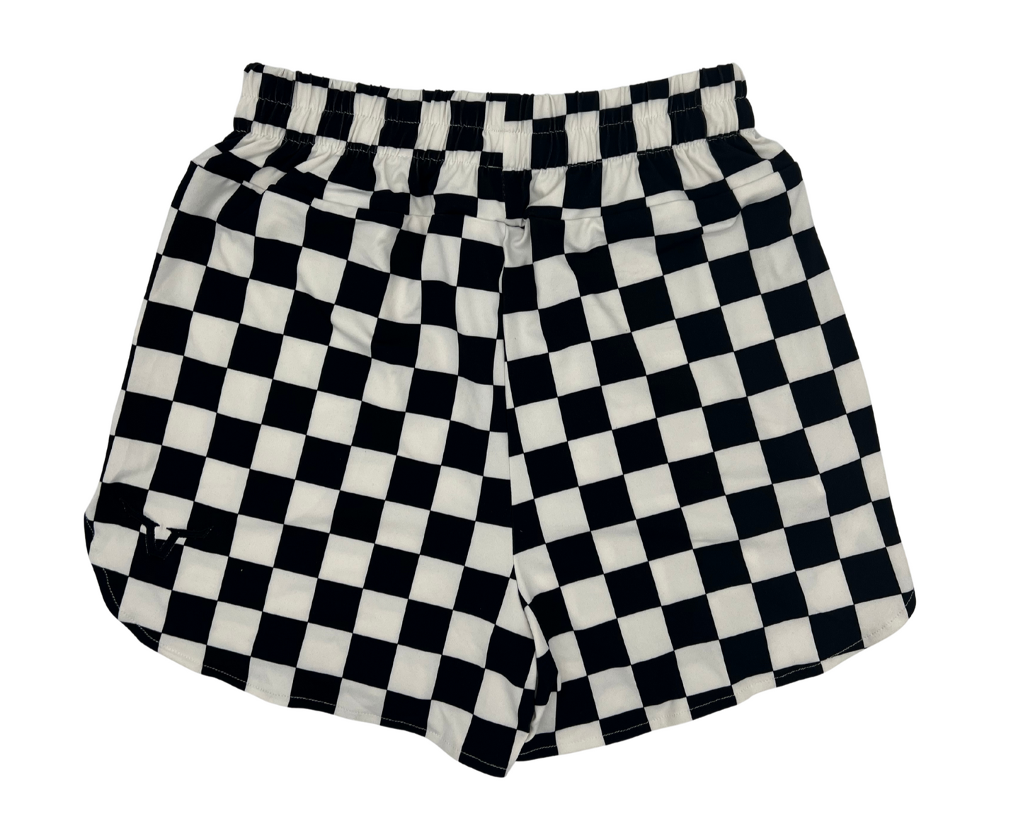 Black and white checkered shorts on a white background