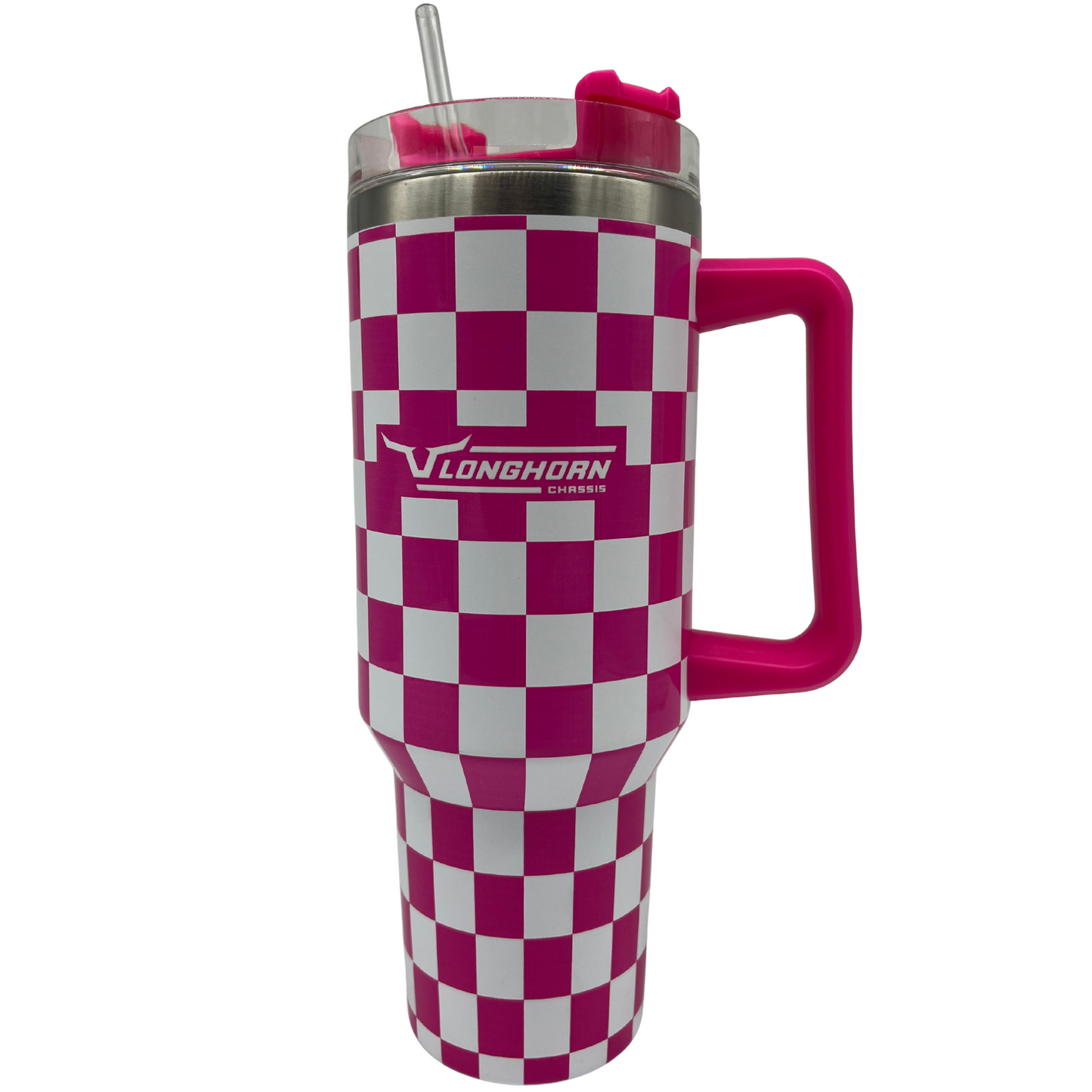 Checkered patterned tumbler with pink handle and straw on a white background