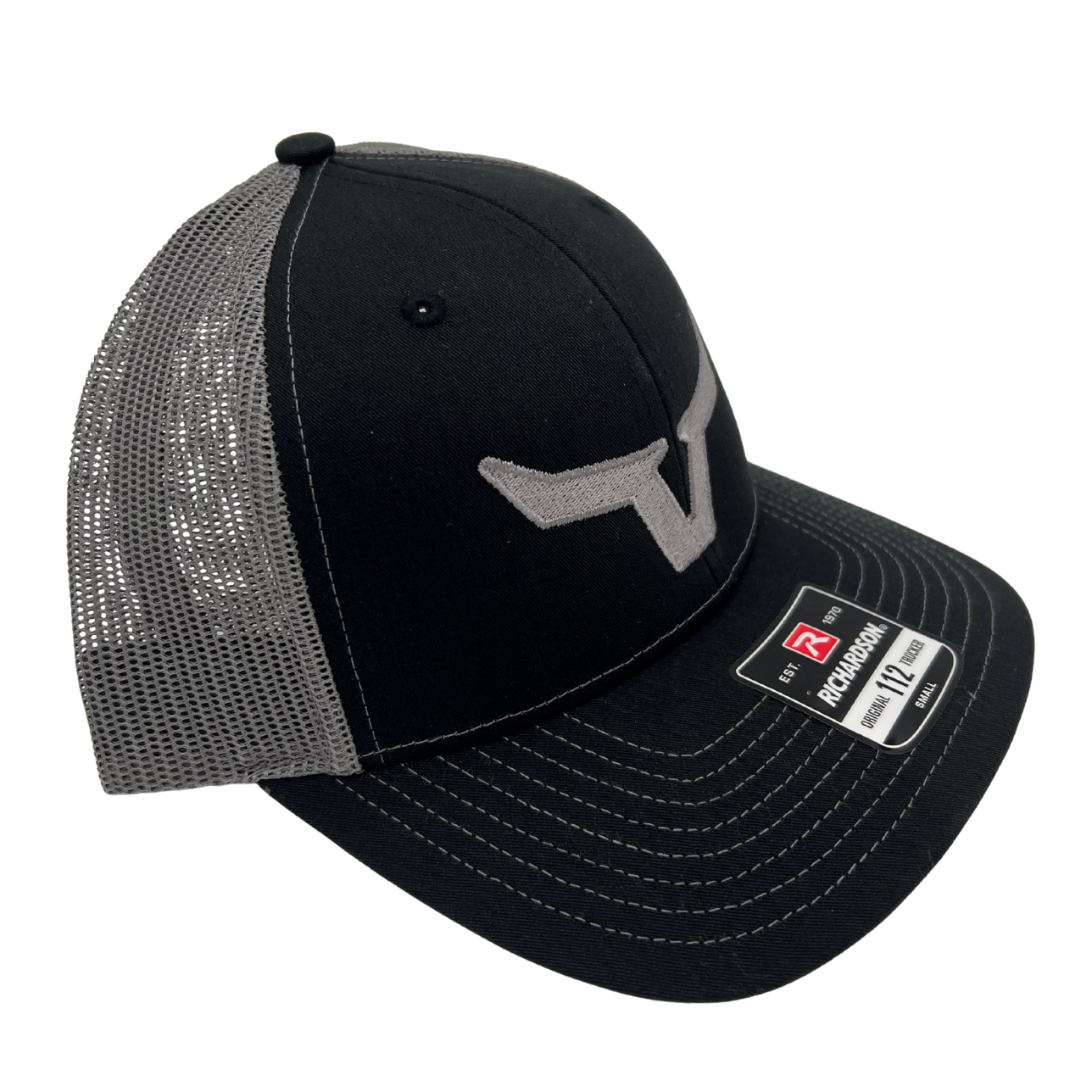 Black and gray cap with a logo on a white background
