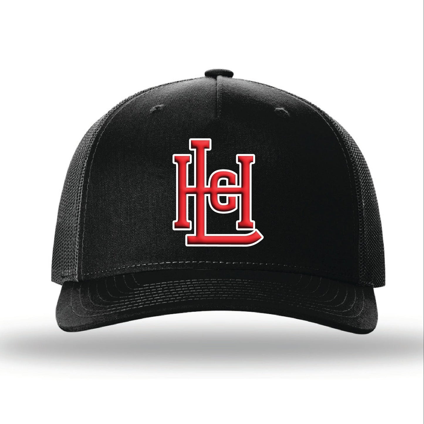 Black cap with red logo on a white background