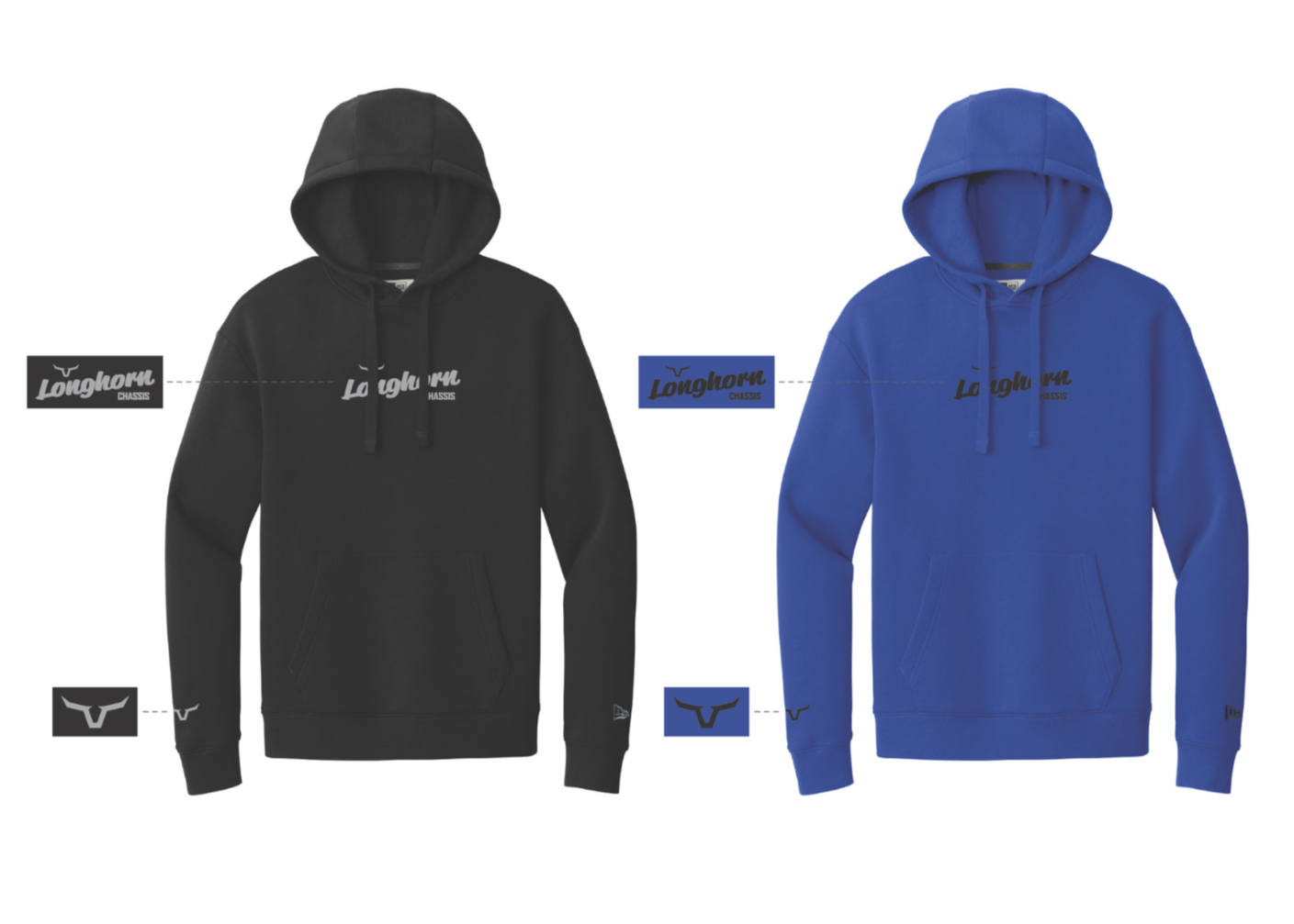 Black and blue hoodies with branding on a white background