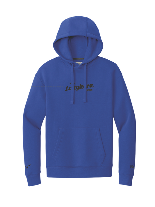 Blue hoodie with text on a white background