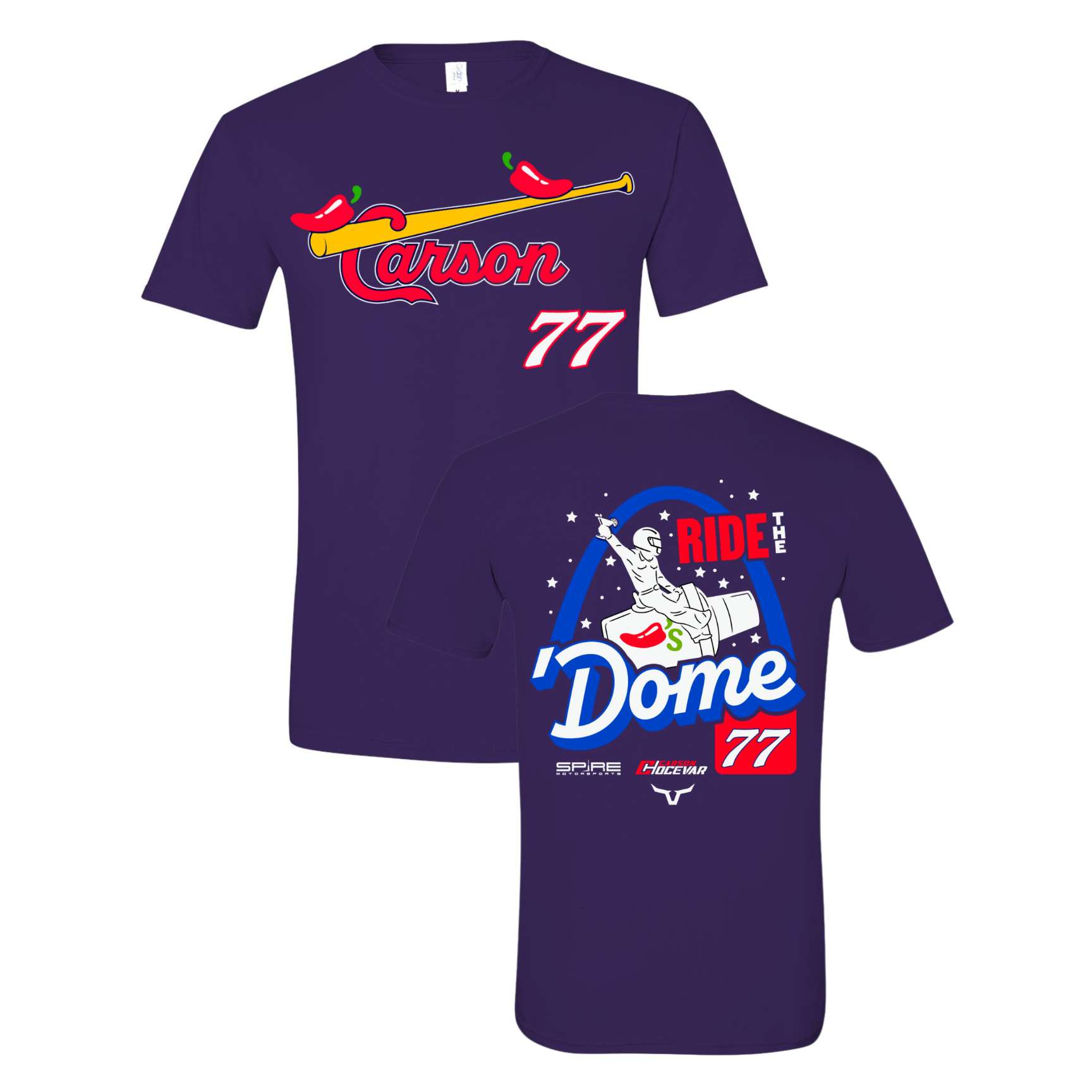 Purple T-Shirt with 'Carson 77' and 'Dome 77' graphics