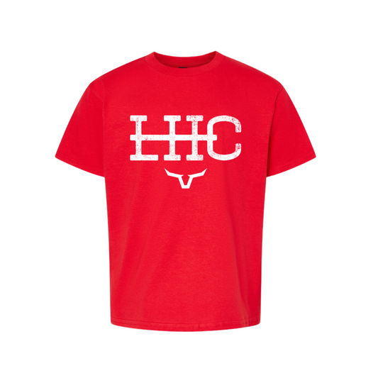 Red t-shirt with white logo on a white background
