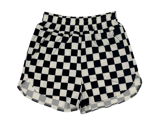 Black and white checkered shorts on a white background
