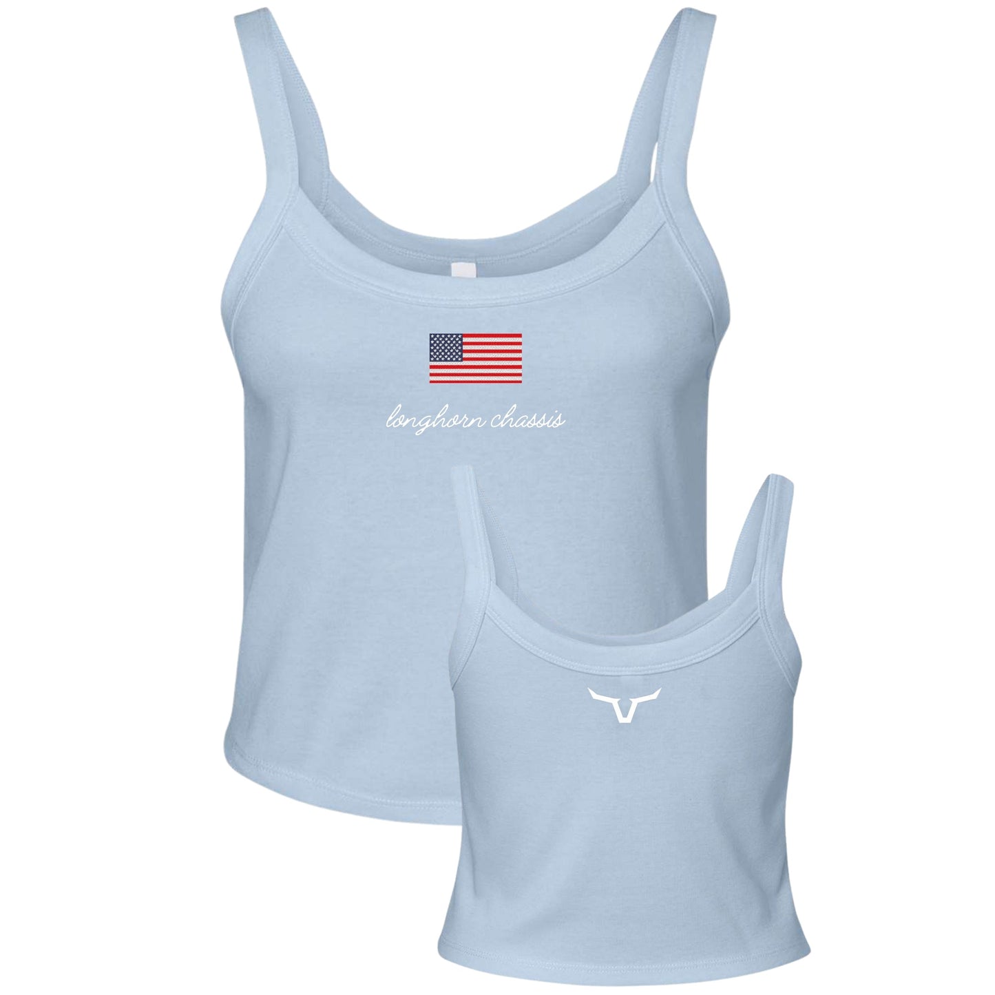 Light blue tank top with American flag and text on a white background
