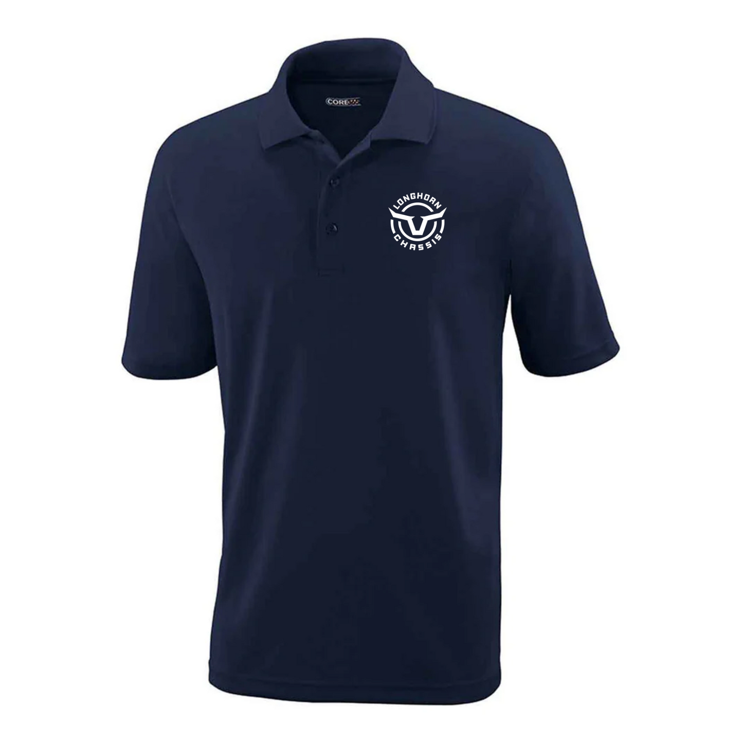 Navy blue polo shirt with a white logo on a white background
