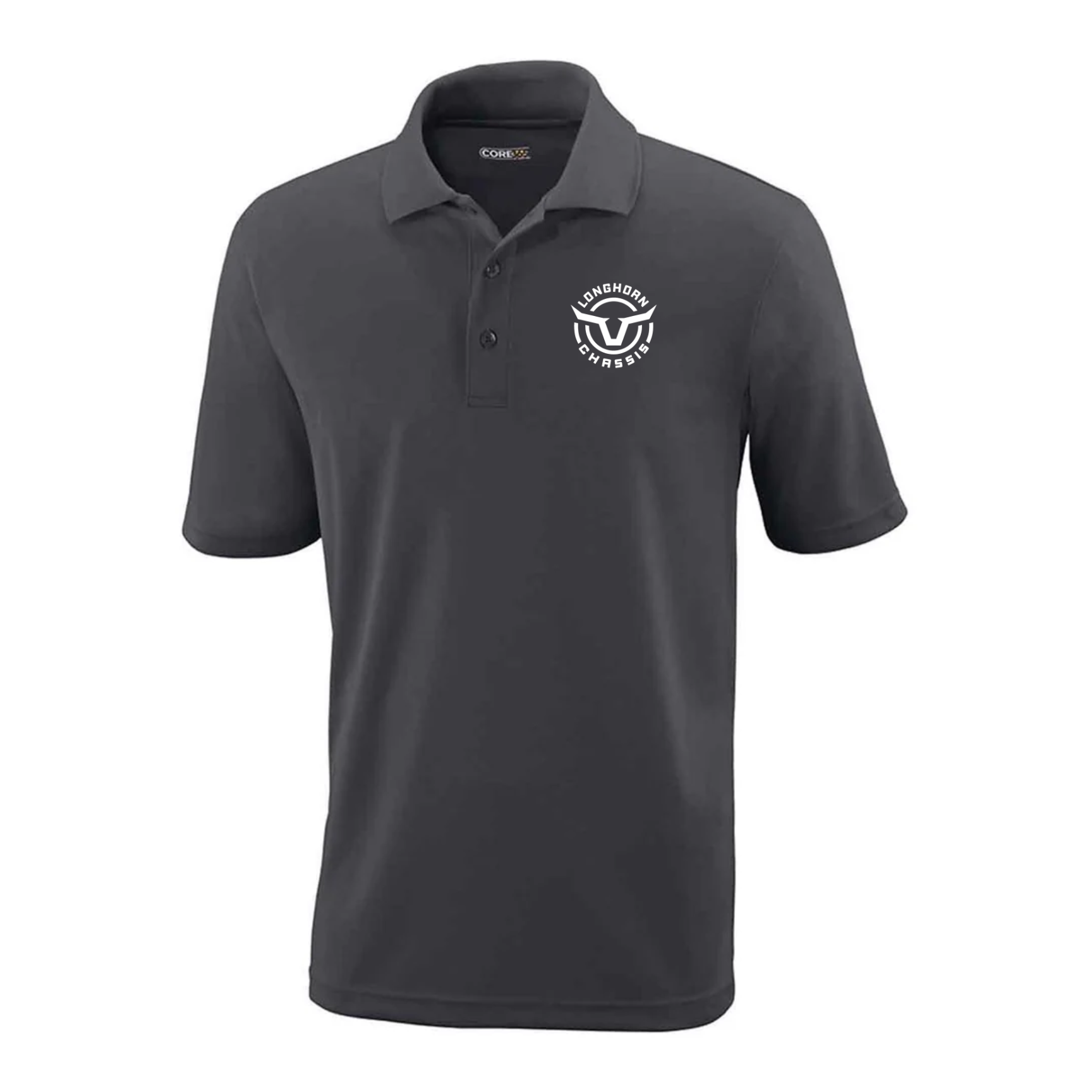 Dark gray polo shirt with a logo on a white background