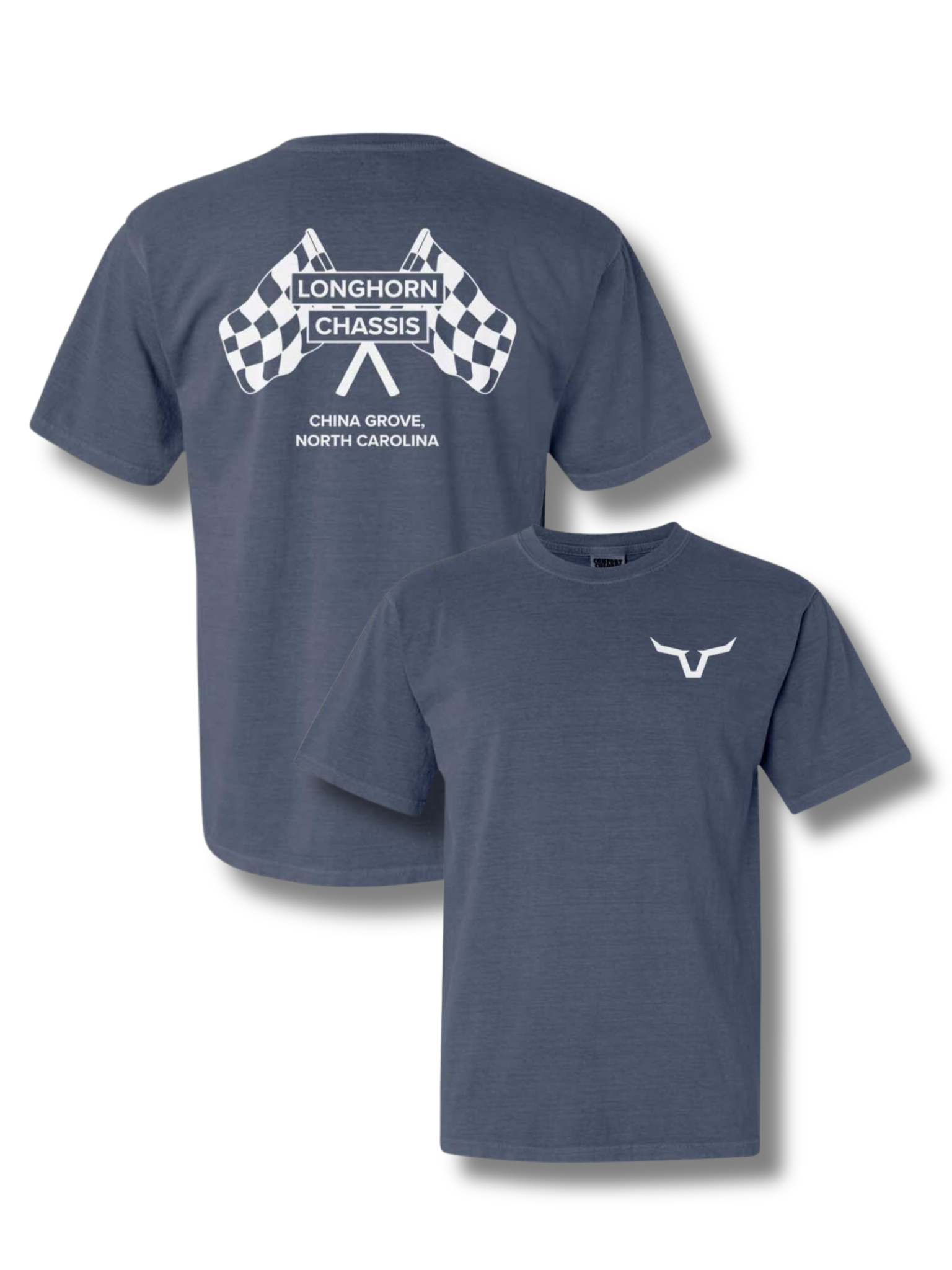 Blue t-shirt with a logo on the front and text on the back, displayed on a white background.