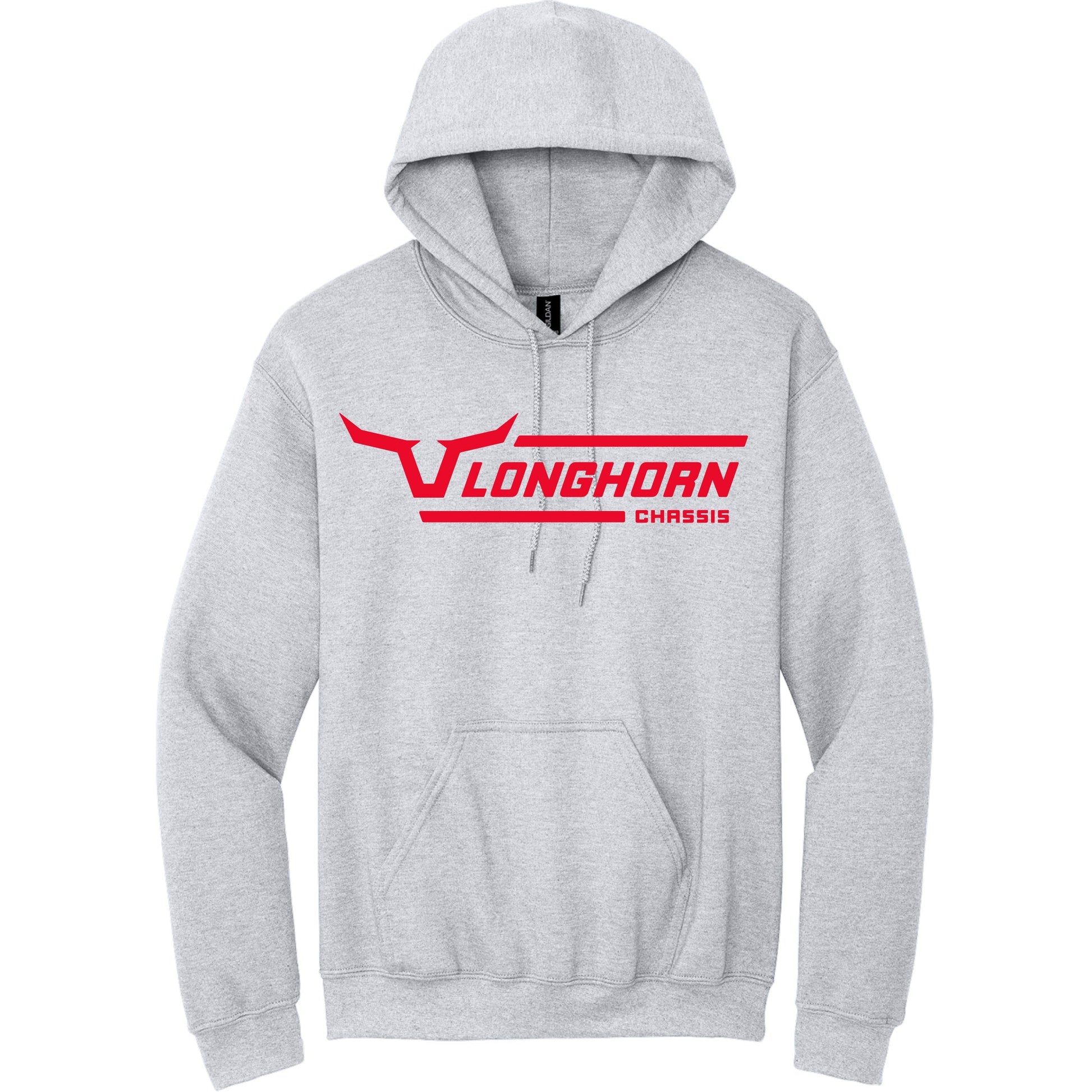 Gray hoodie with red 'Longhorn Chassis' logo on a white background