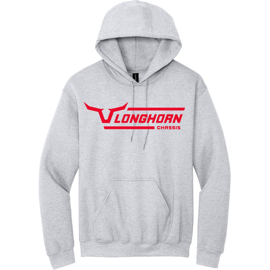 Gray hoodie with red 'Longhorn Chassis' logo on a white background