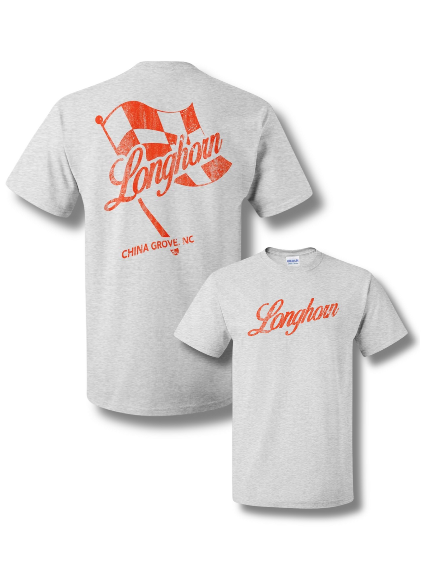 Gray t-shirt with red 'Longhorn' logo on a white background