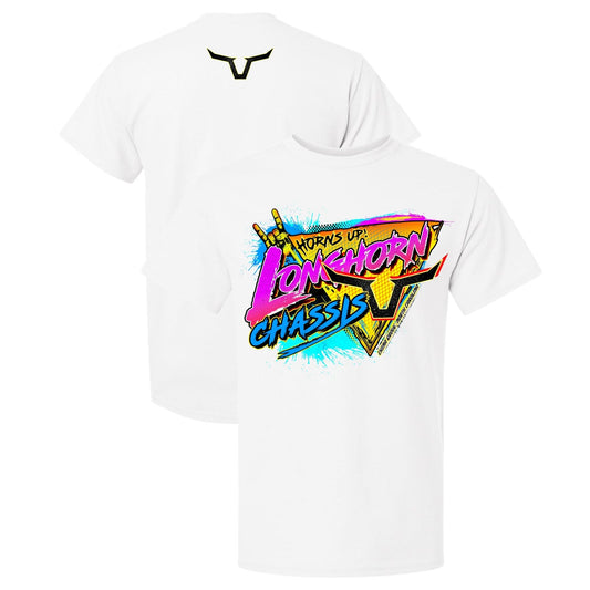 White t-shirt with colorful graphic design on a white background