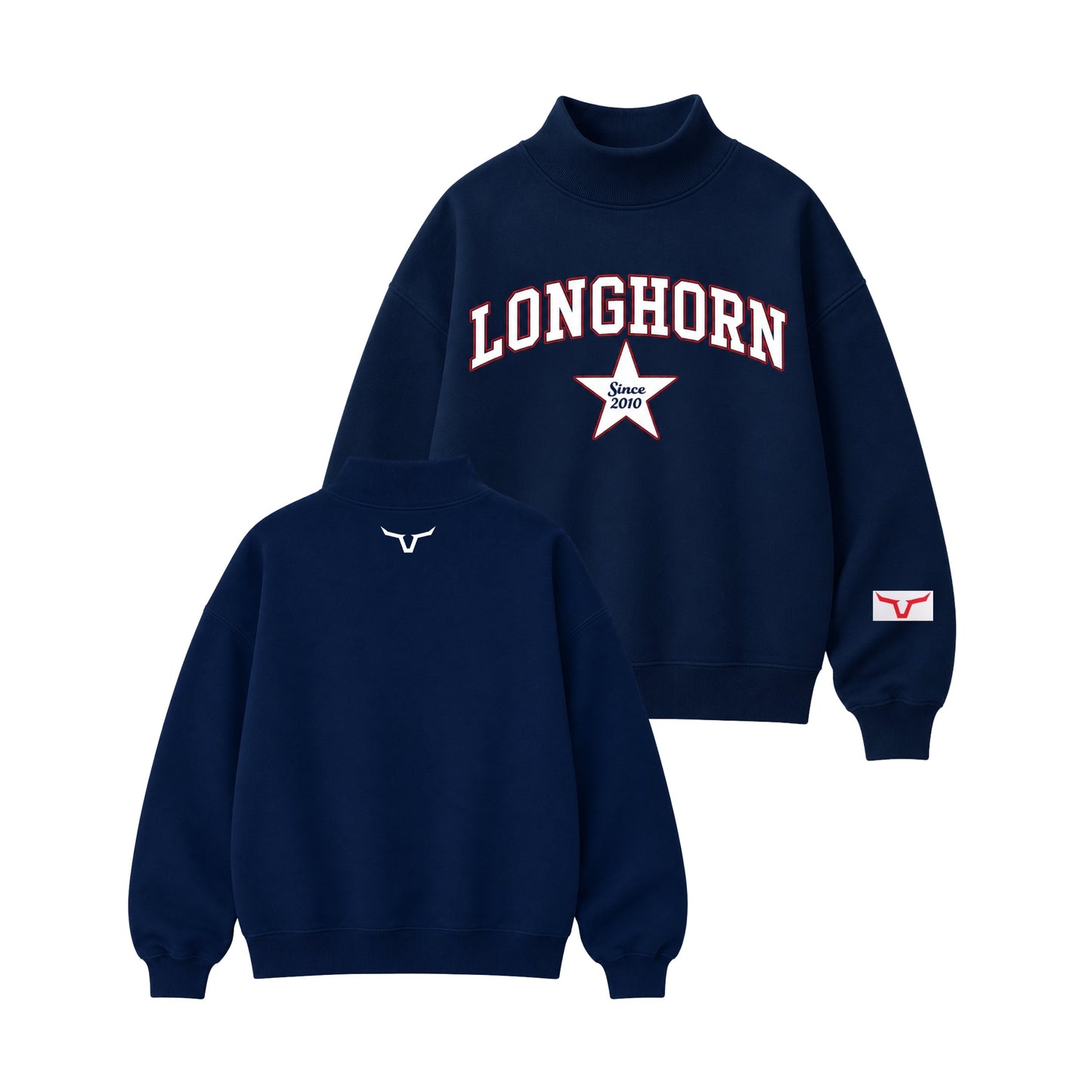 Navy blue sweatshirt with 'LONGHORN' text and logo on a white background