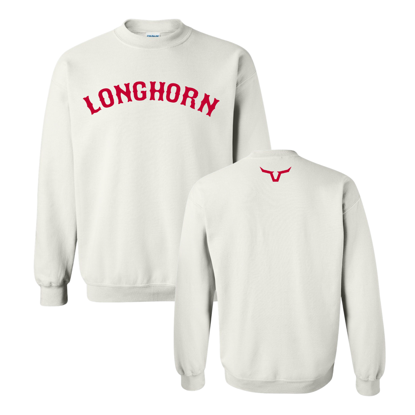 White sweatshirt with 'LONGHORN' text and logo on a white background