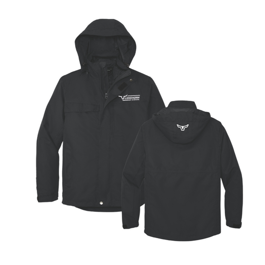 Black jacket with a brand logo on a white background