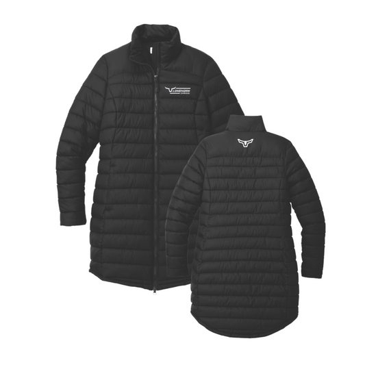 Black puffer coat shown from front and back on a white background