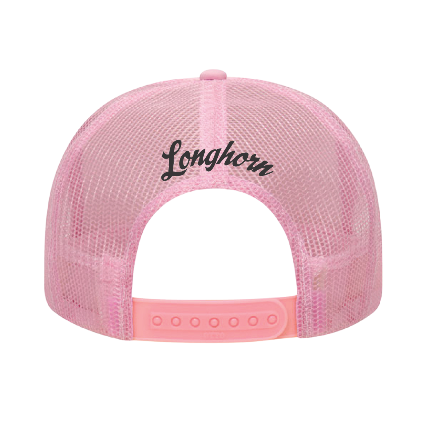 Pink trucker cap with 'Longhorn' logo on a white background