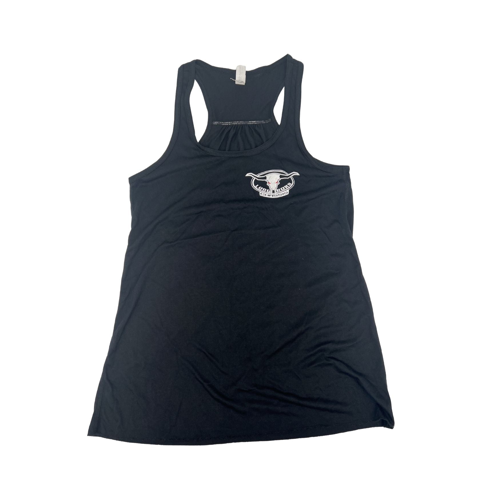 Black tank top with a logo on a white background