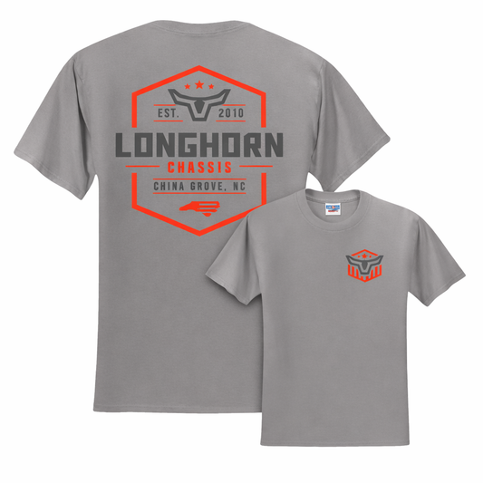 Gray t-shirt with 'Longhorn Chassis' logo and text on a white background