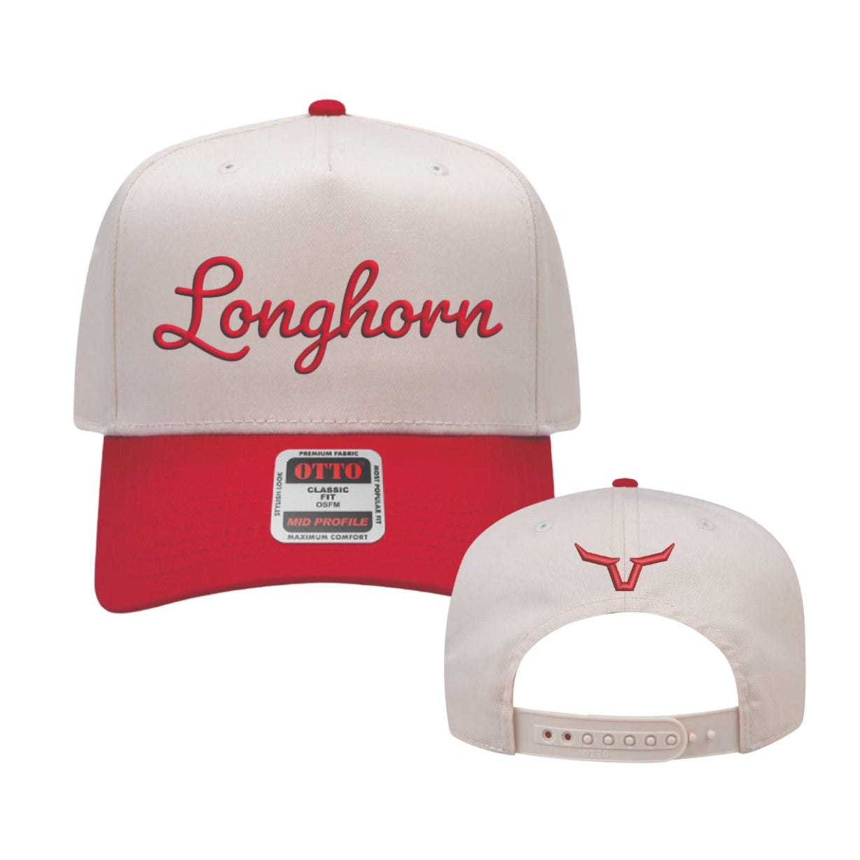 Two caps with 'Longhorn' branding on a white background