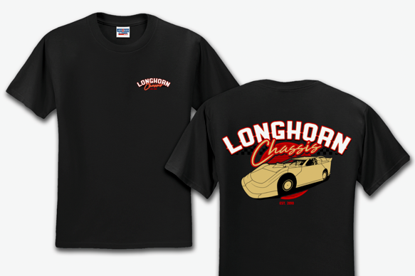 Black t-shirt with 'Longhorn Classics' logo and car graphic on a white background