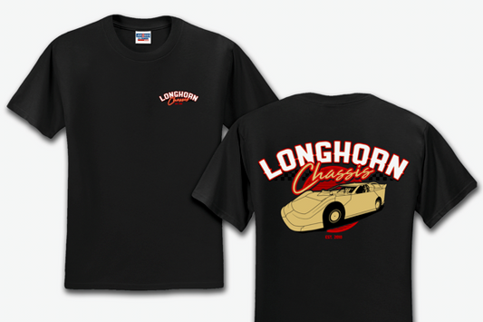 Black t-shirt with 'Longhorn Classics' logo and car graphic on a white background