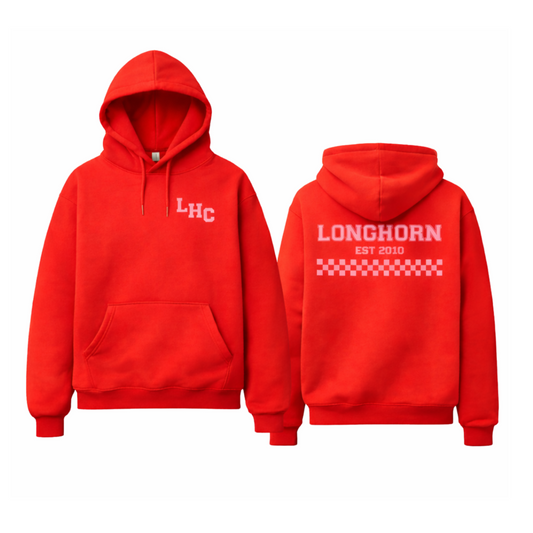 Red hoodie with 'LONGHORN' text on a white background