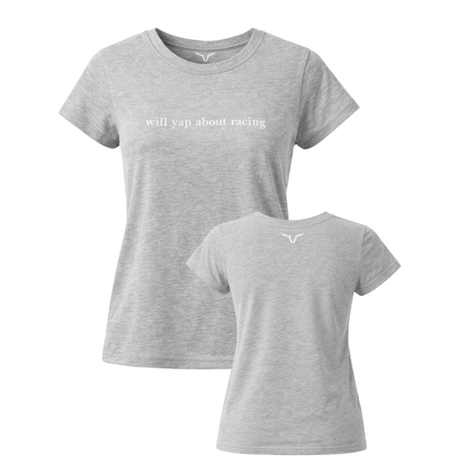 Gray t-shirt with text on a white background