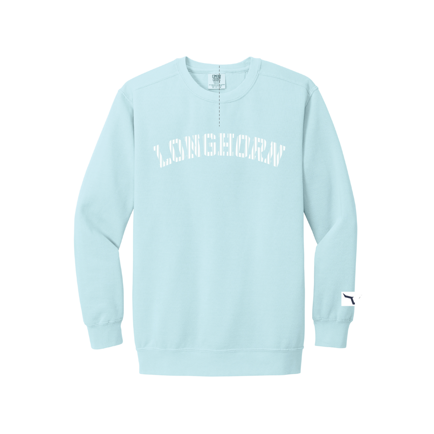 Light blue long-sleeve shirt with 'LONGHORN' text on a white background