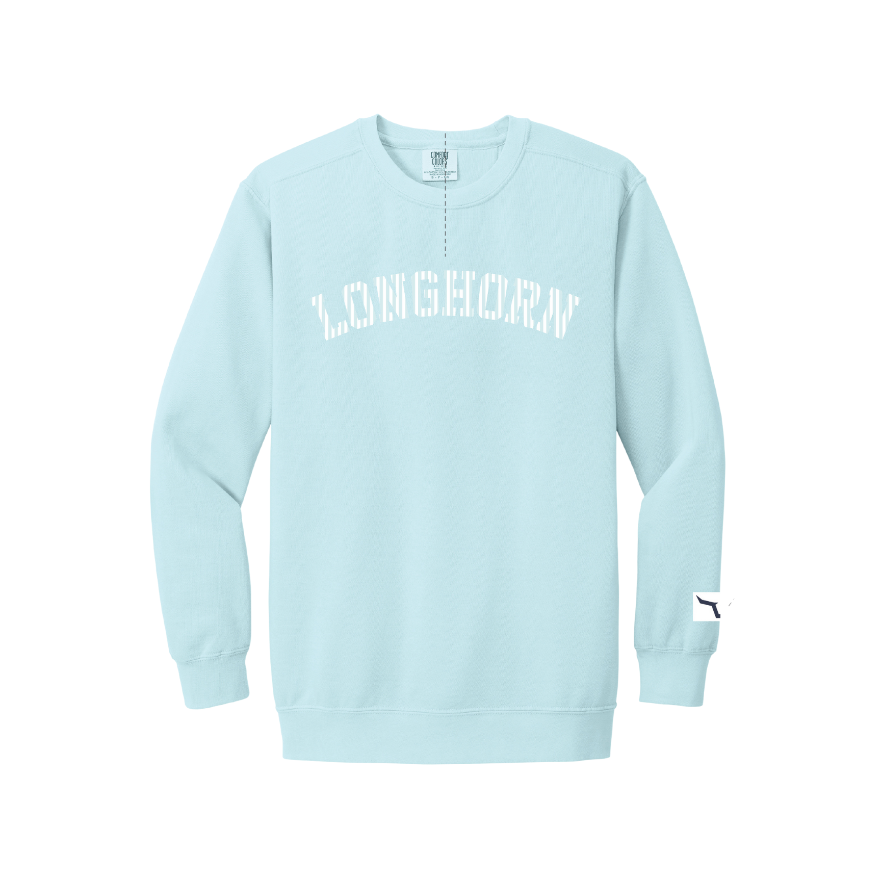 Light blue long-sleeve shirt with 'LONGHORN' text on a white background
