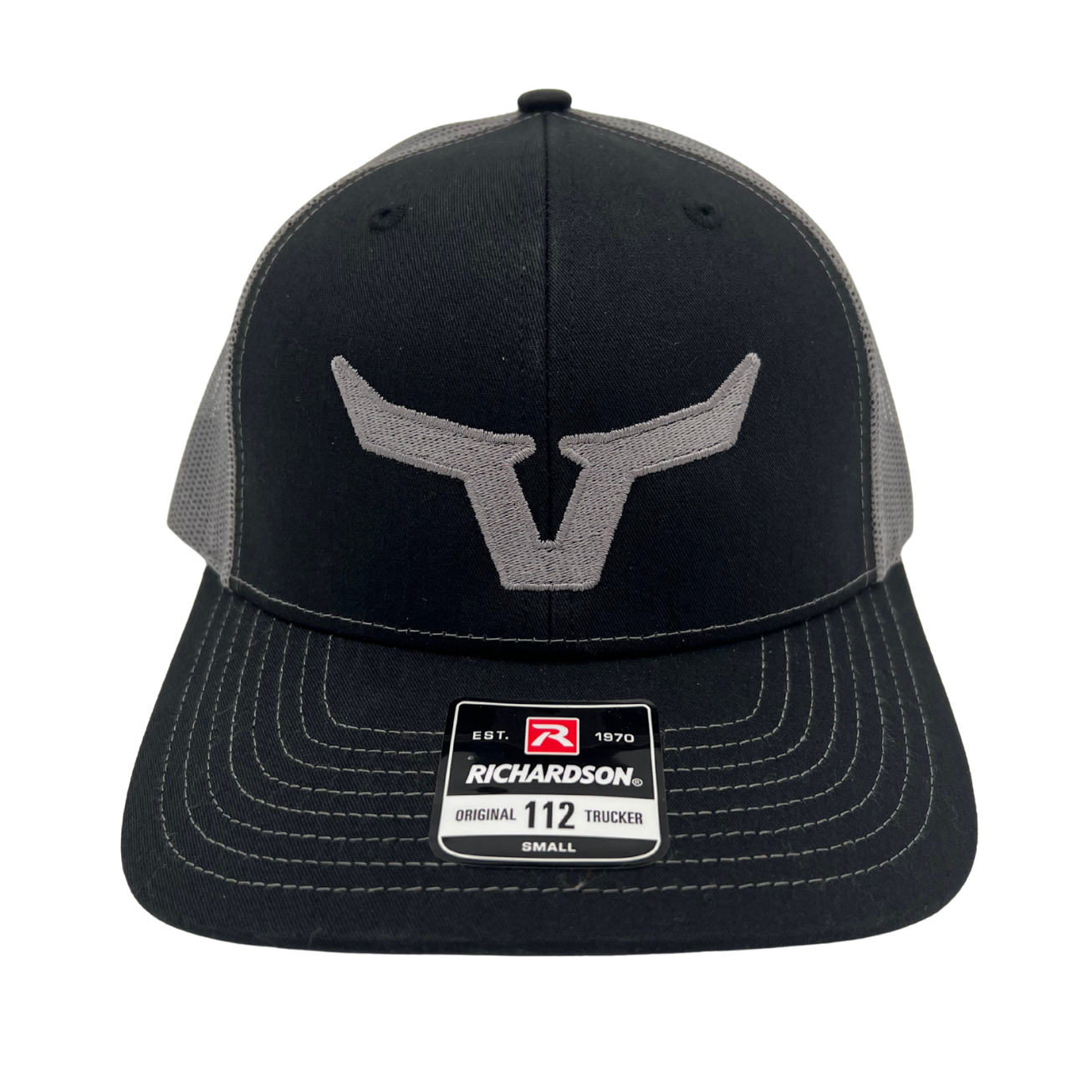 Black and gray cap with a logo on a white background