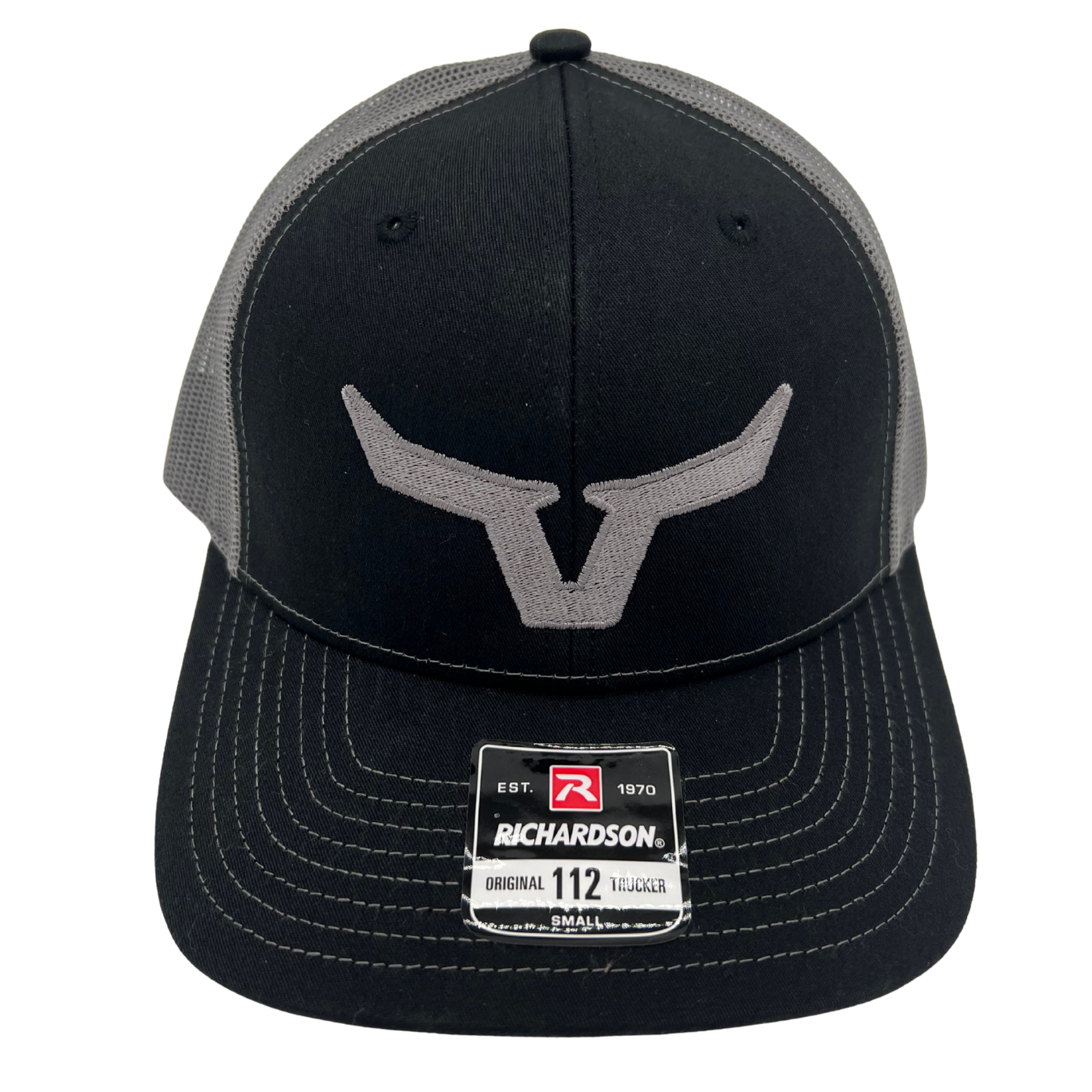Black and gray cap with a logo on a white background