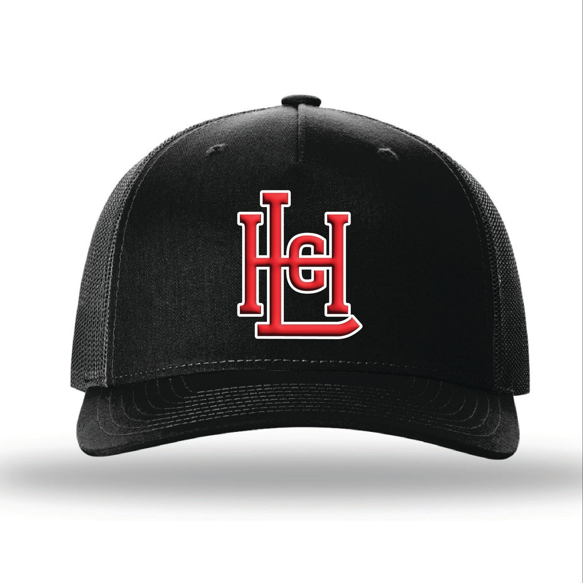 Black cap with red logo on a white background