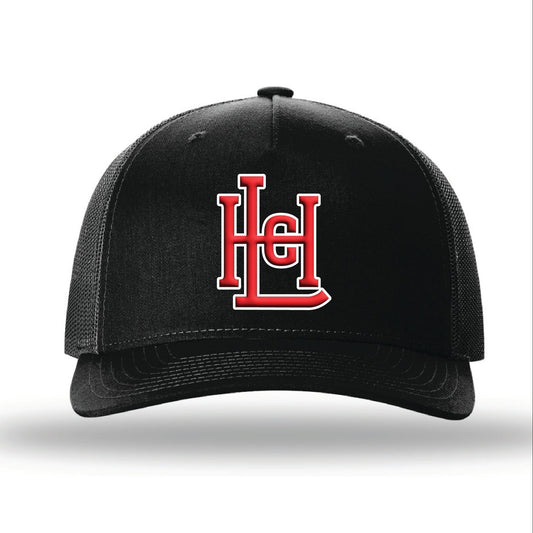 Black cap with red logo on a white background