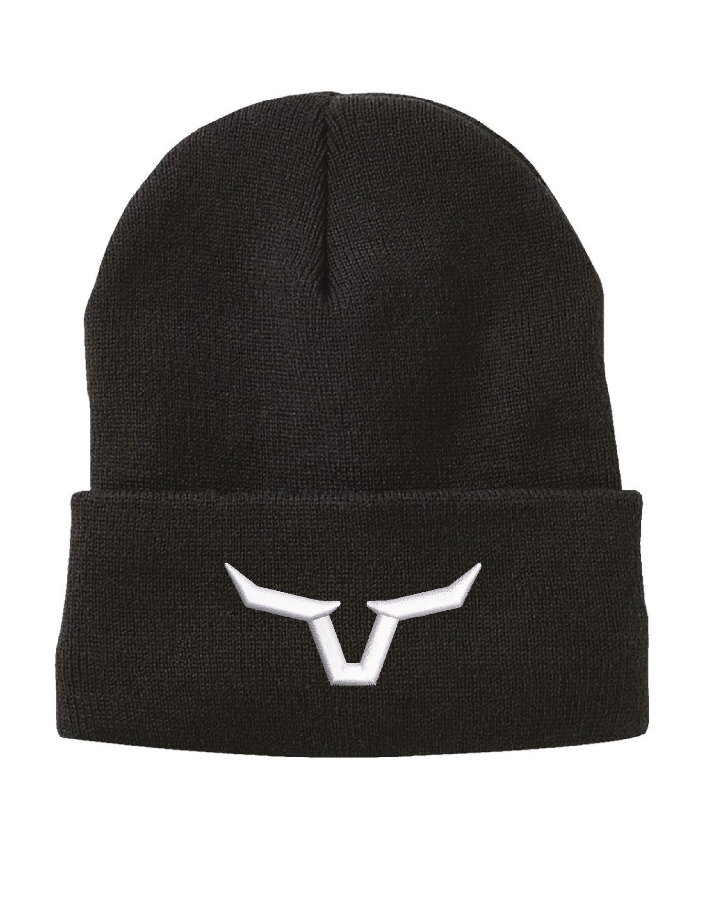 Black beanie with a white logo on a white background