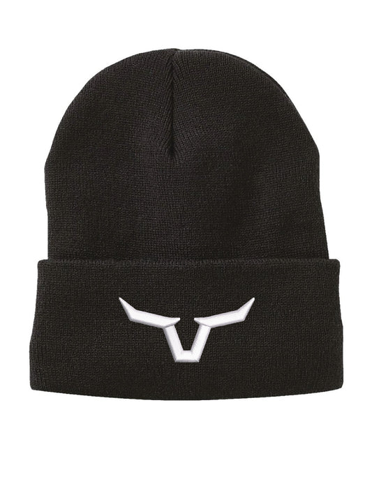Black beanie with a white logo on a white background